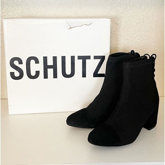 Schutz Emilia Women's Knit lace up Ankle Bootie Black Booties 6. NWB - Picture 2 of 13